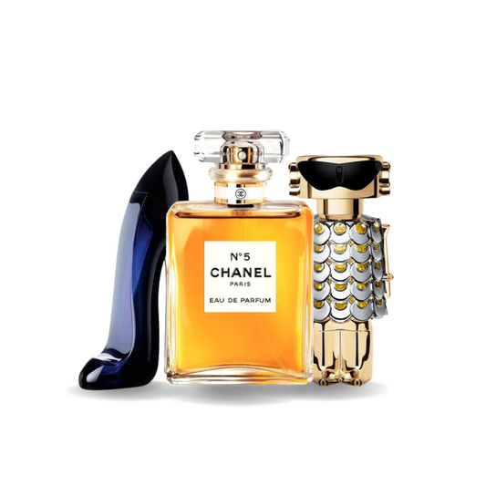 Combo de 3 perfumes: Good Girl de Carolina Herrera, Chanel Nº5 de Chanel y Fame de Paco Rabanne